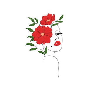 Può includere: Design ricamato di un volto femminile in stile minimalista. Il volto è adornato da fiori rossi e foglie verdi, con labbra rosse e un neo. Il design è su sfondo bianco.