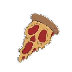 Può includere: Una singola fetta di pizza con crosta marrone, formaggio giallo e peperoni rossi. La fetta di pizza è delineata in nero e ha un effetto di formaggio che cola. L'immagine è su sfondo bianco.