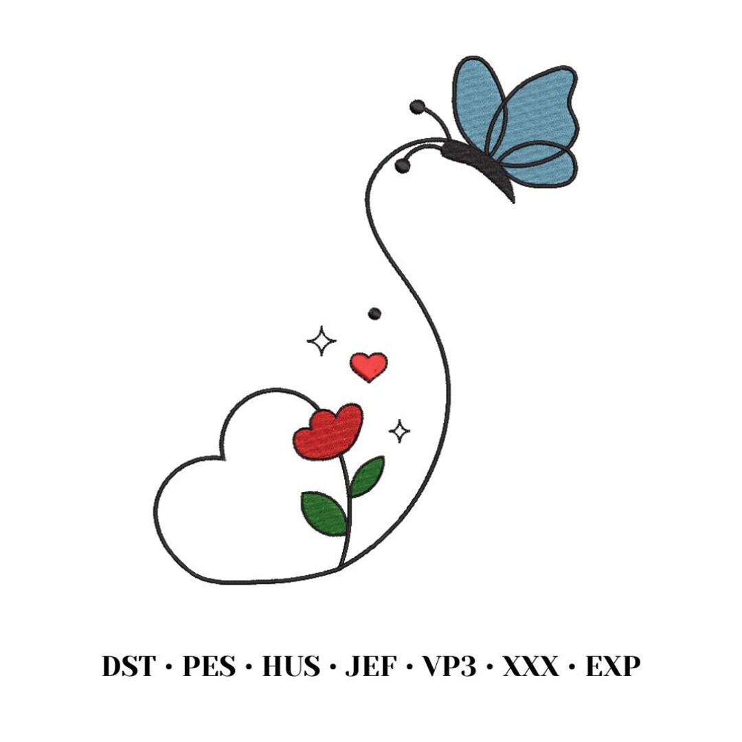 Butterfly Heart Embroidery Design, Romantic Flower Love Embroidery File ...