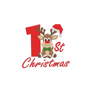 May include: A Christmas-themed design with a red number 1 and the words "1st Christmas" in red script. A cartoon reindeer with antlers, a red nose, and a green bow tie wears a Santa hat. The design is set against a white background.