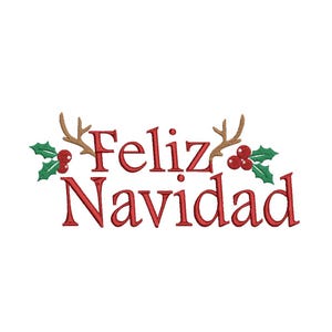 Może przedstawiać: Czerwony haft z napisem "Feliz Navidad" z brązowymi rogami i zielonymi akcentami ostrokrzewu na białym tle. Idealny do dekoracji świątecznych i rękodzieła.