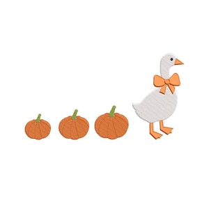 Può includere: Un disegno ricamato con tre zucche arancioni di diverse dimensioni e un'oca bianca con un papillon arancione. Le zucche hanno steli verdi. L'oca ha becco e zampe arancioni. Il disegno è su sfondo bianco.