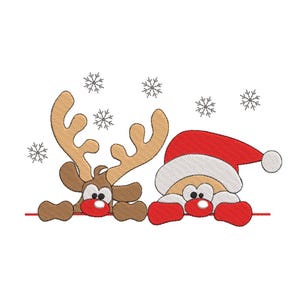 Può includere: Illustrazione a cartoni animati di una renna e Babbo Natale che sbucano da una linea rossa, con fiocchi di neve sullo sfondo. La renna ha corna marroni e un naso rosso. Babbo Natale indossa un cappello rosso.