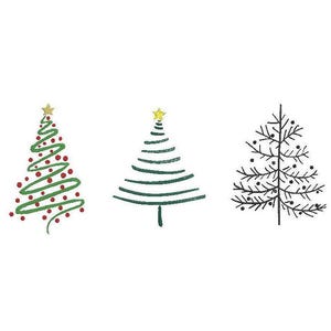Pode incluir: Três árvores de Natal estilizadas, uma com enfeites vermelhos e verdes, outra com uma estrela amarela e outra em preto e branco.