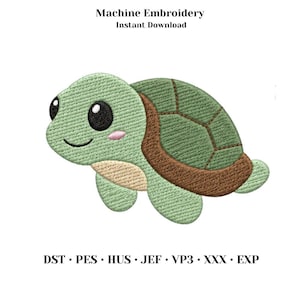Può includere: Un disegno per ricamo a macchina di una tartaruga cartoon con corpo verde chiaro, guscio marrone con segmenti verdi e grandi occhi neri. Il testo riporta Machine Embroidery, Instant Download e i formati di file DST, PES, HUS, JEF, VP3, XXX, EXP.