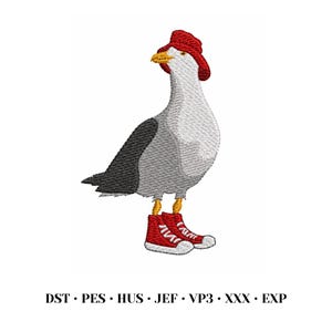 Può includere: Un disegno da ricamo di un gabbiano bianco e grigio che indossa un cappello rosso e scarpe da ginnastica alte rosse. L'uccello ha un becco giallo ed è in piedi. Sotto il gabbiano, il testo recita: DST • PES • HUS • JEF • VP3 • XXX • EXP.
