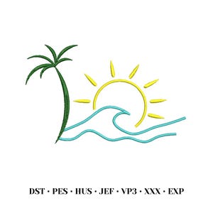 Può includere: Un disegno ricamato con una palma, un sole e onde oceaniche nei toni del verde, giallo e blu. L'immagine è una semplice illustrazione di una scena sulla spiaggia. L'immagine include il testo "DST • PES • HUS • JEF • VP3 • XXX • EXP".