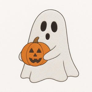 Könnte beinhalten: Ein Cartoon-Geist hält einen orangefarbenen Kürbis. Der Geist ist weiß mit schwarzen Augen und Mund. Der Kürbis hat ein geschnitztes Gesicht und einen braunen Stiel. Das Bild hat ein einfaches Design, ideal für Halloween.