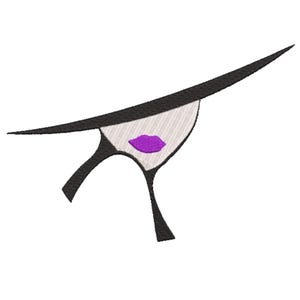 Può includere: Un'illustrazione stilizzata in bianco e nero di un viso femminile con labbra viola. La donna indossa un cappello.