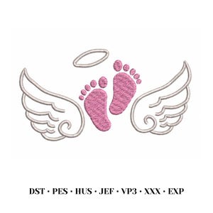 May include: An embroidered design featuring pink baby footprints, a halo, and angel wings. The wings and halo are in a light gray color, and the footprints are in a textured pink. The design is on a white background.