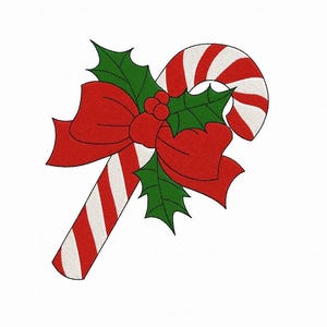 May include: A festive candy cane with red and white stripes, adorned with a large red bow, green holly leaves, and red berries. This holiday-themed design is perfect for Christmas decorations and crafts.