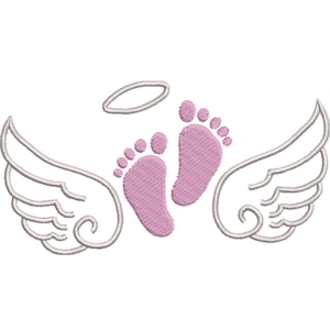 May include: A pair of pink baby footprints with a halo and white angel wings.