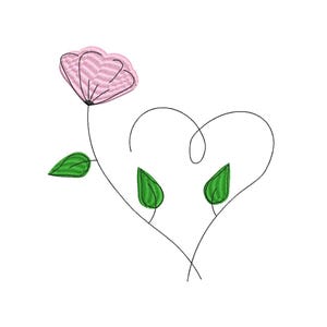 Può includere: Design ricamato di un fiore rosa con stelo nero e foglie verdi, che formano un cuore. Il fiore ha un motivo a righe e le foglie sono di un verde pieno. Il design è su sfondo bianco.