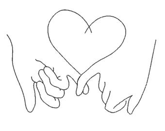 May include: A line drawing of two hands intertwined with a heart drawn around them.