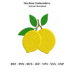 Può includere: Disegno per ricamo a macchina di due limoni gialli con foglie verdi su un gambo marrone. Il testo recita Machine Embroidery Instant Download in alto e DST, PES, HUS, JEF, VP3, XXX, EXP in basso. Il design presenta un motivo a punto strutturato.