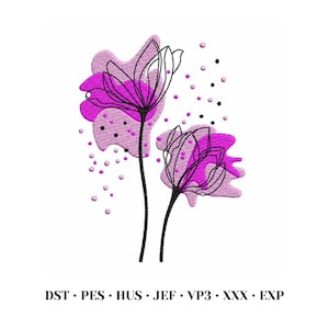 Può includere: Un design floreale astratto con due fiori stilizzati con contorni neri e centri magenta vibranti. I fiori sono posti su uno sfondo di forme rosa tenue e punti neri e rosa sparsi. L'immagine include il testo "DST • PES • HUS • JEF • VP3 • XXX • EXP".