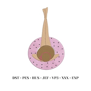 May include: An embroidery design featuring a pair of tan legs extending upward from a circular pink polka-dot inner tube. The design includes a brown circular shape at the base and the text DST, PES, HUS, JEF, VP3, XXX, and EXP at the bottom.