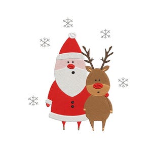 Può includere: Illustrazione di cartoni animati di Babbo Natale e una renna in piedi insieme. Babbo Natale indossa un abito e un cappello rossi con la barba bianca. La renna ha pelliccia e corna marroni. Fiocchi di neve sono sparsi.
