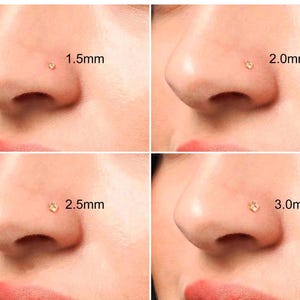 May include: Four close-up images of a person's nose with a small gold nose ring. The images show different sizes of nose rings: 1.5mm, 2.0mm, 2.5mm, and 3.0mm. NovaSea Jewelry is printed at the bottom of the image.
