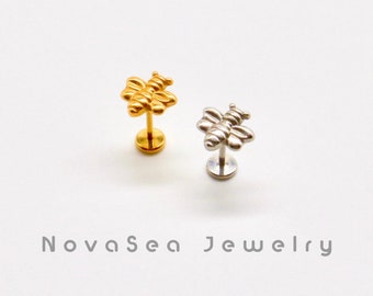 20G/18G/16G schattige bij push pins labret stud - draadloze platte achterkant oorbel - tragus stud - helix kraakbeen stud - neus stud - platte achterkant stud