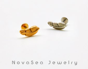 20G/18G/16G Feather Push Pin Labret Stud - Threadless Flat Back Earring - Nose Stud - Flat Back Stud - Tragus Stud - Helix Cartilage Stud