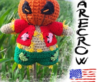 May include: Crochet pattern for a pumpkin-headed scarecrow with a red and green outfit. The pattern is available as a PDF download. The image also includes the text "SCARECROW" and "PDF PATTERN" and a small American flag.