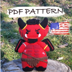 Crochet Demon Pattern DnD Amigurumi Plush Toy PDF Tutorial Mythical Monster Handmade Gift Idea for Fantasy Lovers Red Oni Doll Cute Devil