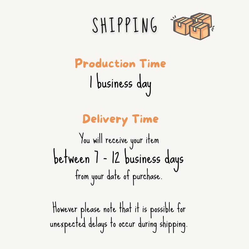 Może przedstawiać: Kremowa grafika ze słowem &bdquo;SHIPPING&rdquo; u g&oacute;ry, a następnie tekst szczeg&oacute;łowo opisujący czas produkcji i dostawy. Tekst podaje czas produkcji 1 dzień roboczy i dostawę w ciągu 7-12 dni roboczych.