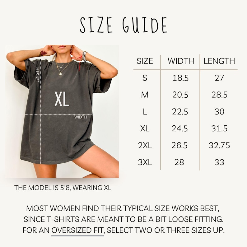 Może przedstawiać: Tabela rozmiar&oacute;w koszulek z wymiarami. Rozmiary od S do 3XL, o szerokościach od 47 do 71 cm i długościach od 69 do 84 cm. Modelka nosi XL. Tekst zaleca wyb&oacute;r dw&oacute;ch lub trzech rozmiar&oacute;w większych dla kroju oversize.