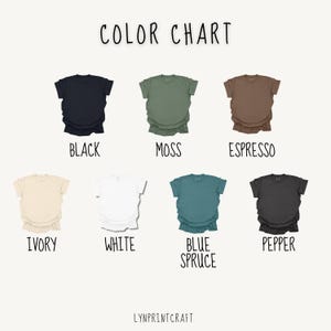 May include: Color chart featuring t-shirts in various colors: black, moss, espresso, ivory, white, blue spruce, and pepper. The text "COLOR CHART" is at the top, with the brand name "LYNPRINTCRAFT" at the bottom.