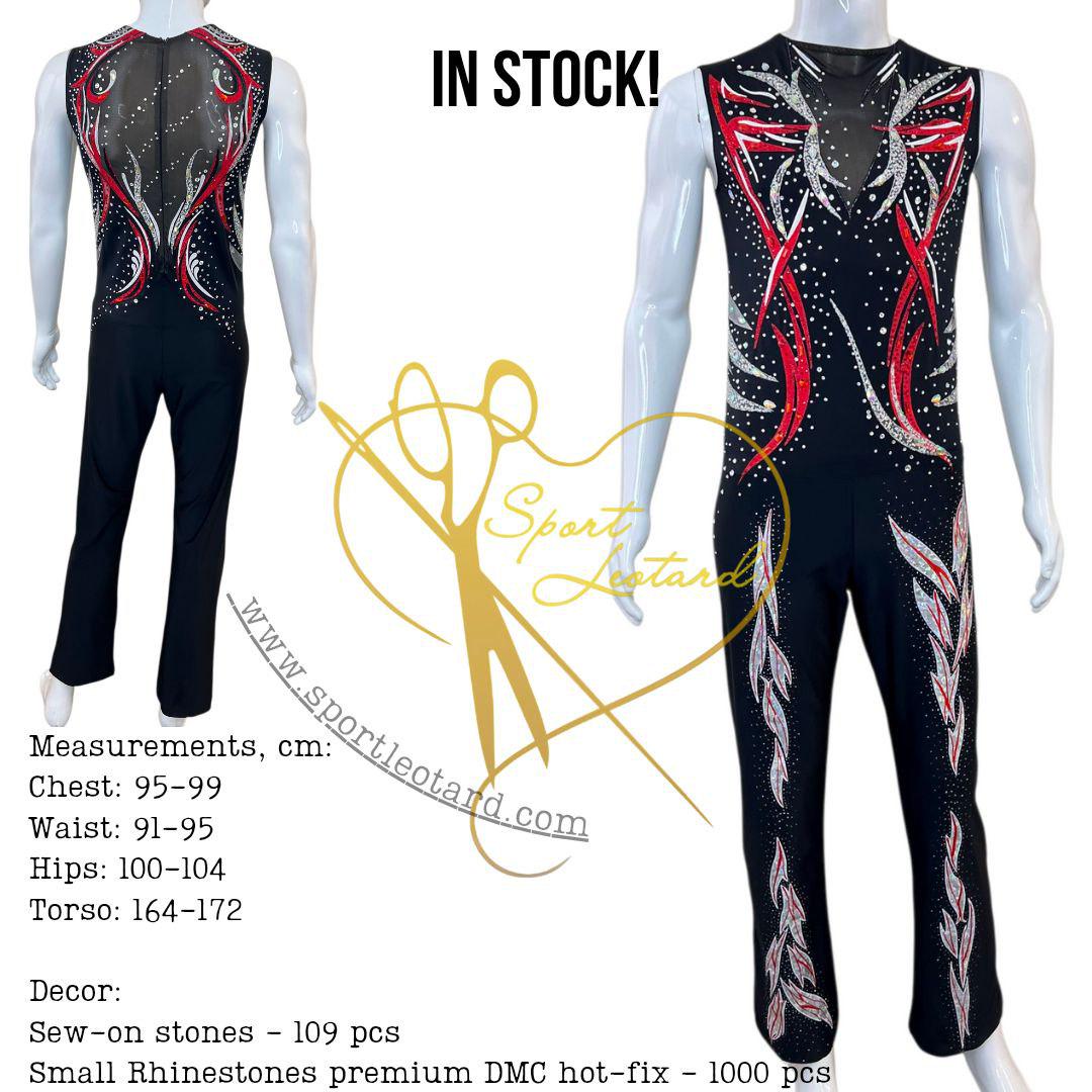 Men's Acrobatic Gymnastics Unitard: Black, Red, Silver Rhinestone ...