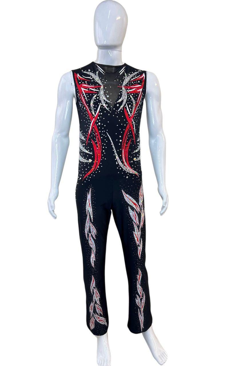Men's Acrobatic Gymnastics Unitard: Black, Red, Silver Rhinestone Circus Performer Costume