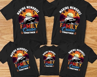May include: Black t-shirts with a cruise ship graphic, the text "Making Memories", "Family Cruise", and "Together". The design includes a sunset and palm trees. The shirts are available in multiple sizes.