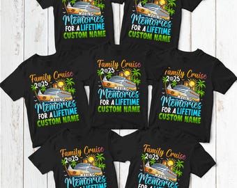 May include: Black t-shirts with a colorful cruise ship graphic, palm trees, and the text "Family Cruise 2025 Making Memories For A Lifetime Custom Name." The shirts are short-sleeved.
