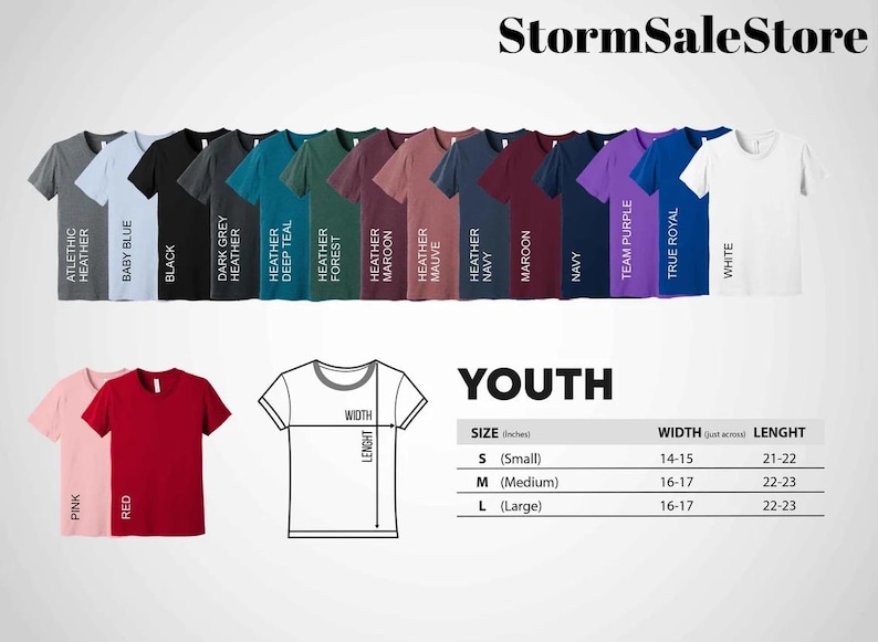 K&ouml;nnte beinhalten: Eine Tabelle mit den Gr&ouml;&szlig;en und Farben von T-Shirts f&uuml;r Jugendliche. Die Tabelle zeigt die Breite und L&auml;nge der Shirts in Zoll. Die Farben umfassen: Athletik-Heather, Babyblau, Schwarz, Dunkelgrau-Heather, Tief-Teal-Heather, Wald-Heather, Maroon-Heather, Mauve-Heather, Navy-Heather, Maroon, Navy, Team-Purple, True Royal, Wei&szlig;, Pink und Rot.