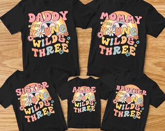 Young Wild And Three Retro Groovy Peace Shirt, Girl's Birthday Shirt, Young Wild and Three Shirt, Matching Groovy Family , Retro Birthday