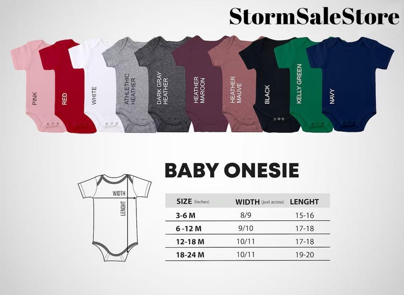 K&ouml;nnte beinhalten: Eine Tabelle mit der Gr&ouml;&szlig;e, Breite und L&auml;nge von Baby-Bodys in Zoll. Die Tabelle befindet sich neben einer Reihe von zehn Baby-Bodys in verschiedenen Farben, darunter rosa, rot, wei&szlig;, grau meliert, dunkelgrau meliert, rotbraun, lila, schwarz, gr&uuml;n, marineblau.