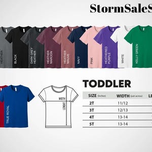 K&ouml;nnte beinhalten: Eine Gr&ouml;&szlig;entabelle f&uuml;r T-Shirts f&uuml;r Kleinkinder mit Ma&szlig;en in Zoll. Die Tabelle zeigt die Breite und L&auml;nge der Shirts in den Gr&ouml;&szlig;en 2T, 3T, 4T und 5T.