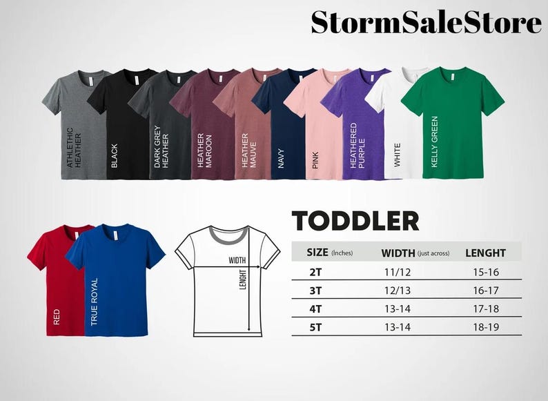 K&ouml;nnte beinhalten: Eine Gr&ouml;&szlig;entabelle f&uuml;r T-Shirts f&uuml;r Kleinkinder mit Ma&szlig;en in Zoll. Die Tabelle zeigt die Breite und L&auml;nge der Shirts in den Gr&ouml;&szlig;en 2T, 3T, 4T und 5T.