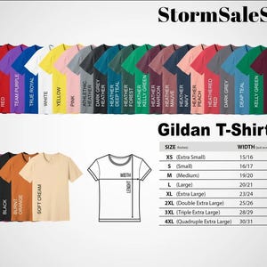 K&ouml;nnte beinhalten: Eine Tabelle, die die verschiedenen Farben und Gr&ouml;&szlig;en von Gildan T-Shirts zeigt. Die Tabelle enth&auml;lt eine Gr&ouml;&szlig;entabelle mit Ma&szlig;en in Zoll f&uuml;r Breite und L&auml;nge.