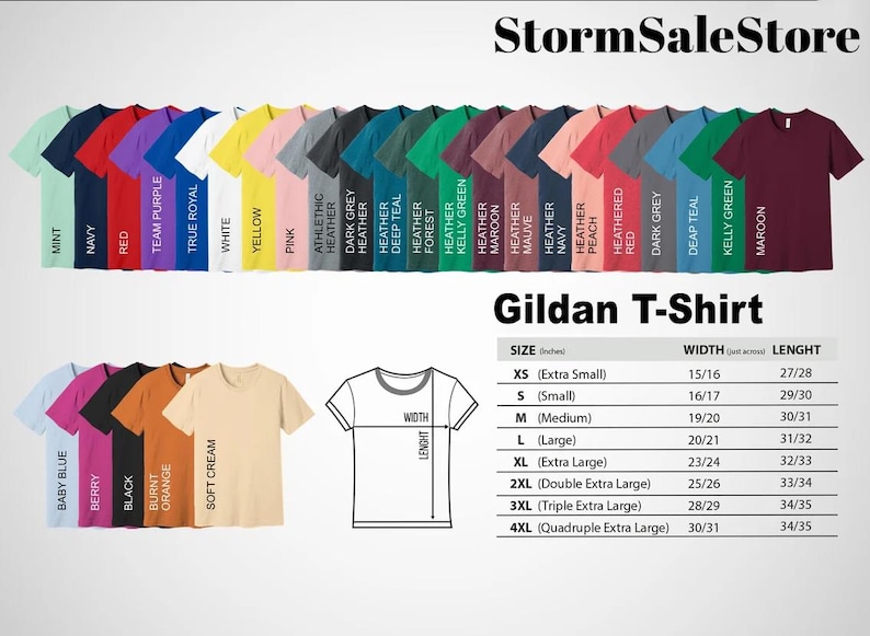 K&ouml;nnte beinhalten: Eine Tabelle, die die verschiedenen Farben und Gr&ouml;&szlig;en von Gildan T-Shirts zeigt. Die Tabelle enth&auml;lt eine Gr&ouml;&szlig;entabelle mit Ma&szlig;en in Zoll f&uuml;r Breite und L&auml;nge.