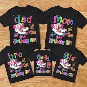 May include: Black t-shirts with roller skate graphics and text for a birthday celebration. The shirts read "Dad," "Mom," "Bro," "Emily 9," and "Sis" with "of the Birthday Girl." The roller skates are white with colorful accents.