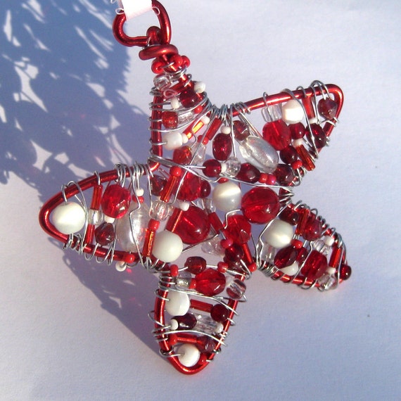 Items similar to Beaded Christmas ornament star ornament red and