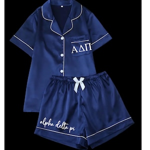 Sorority Navy Blue Satin Pajama Short Set