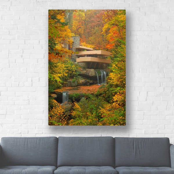 Fallingwater Photograph/Frank Lloyd Wright Architecture Photo/Forest House/Autumn Tree Art Print/Prairie Style Wall Decor/Large Canvas Wrap