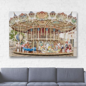 French Carousel Canvas Wrap/France Carnival Art Print/Kid Room Wall Art/Whimsical Happy Nursery Print/Circus Ride Merry Go Round/Jules Verne