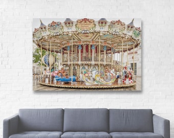 French Carousel Canvas Wrap/France Carnival Art Print/Kid Room Wall Art/Whimsical Happy Nursery Print/Circus Ride Merry Go Round/Jules Verne