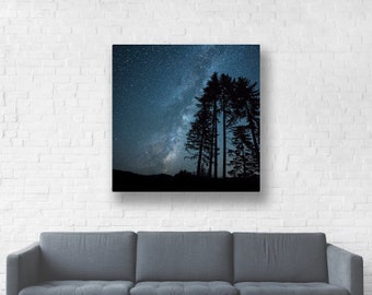 Milky Way Photography/Oregon Forest Canvas Wrap/Astronomy Wall Art/Astrophotography/Night Tree Wall Décor/Blue Star Picture/Outer Space Art