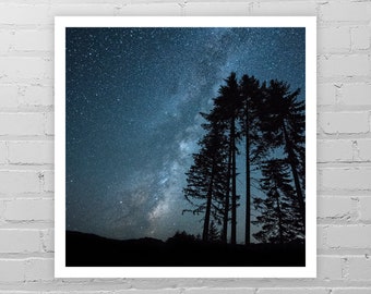 Milky Way Print/Celestial Decor/Dark Blue Night Forest Photo/Galaxy Room Decor/Pine Tree Photography/Oregon Wall Art/Pacific Northwest Art