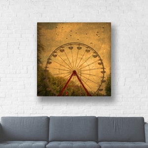 May include: A vintage-style image of a Ferris wheel with a faded, yellowed background and a flock of birds flying overhead.